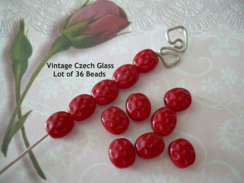 36 Petite Vintage Glass Beads Strawberry Red Czech Lentils