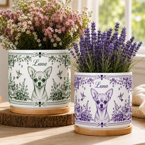 Herdenkingsbloempot voor hond en kat, bloempot met gepersonaliseerde foto van huisdier, Toile de Jouy-design, troostgeschenk ter nagedachtenis aan de regenboogbrug