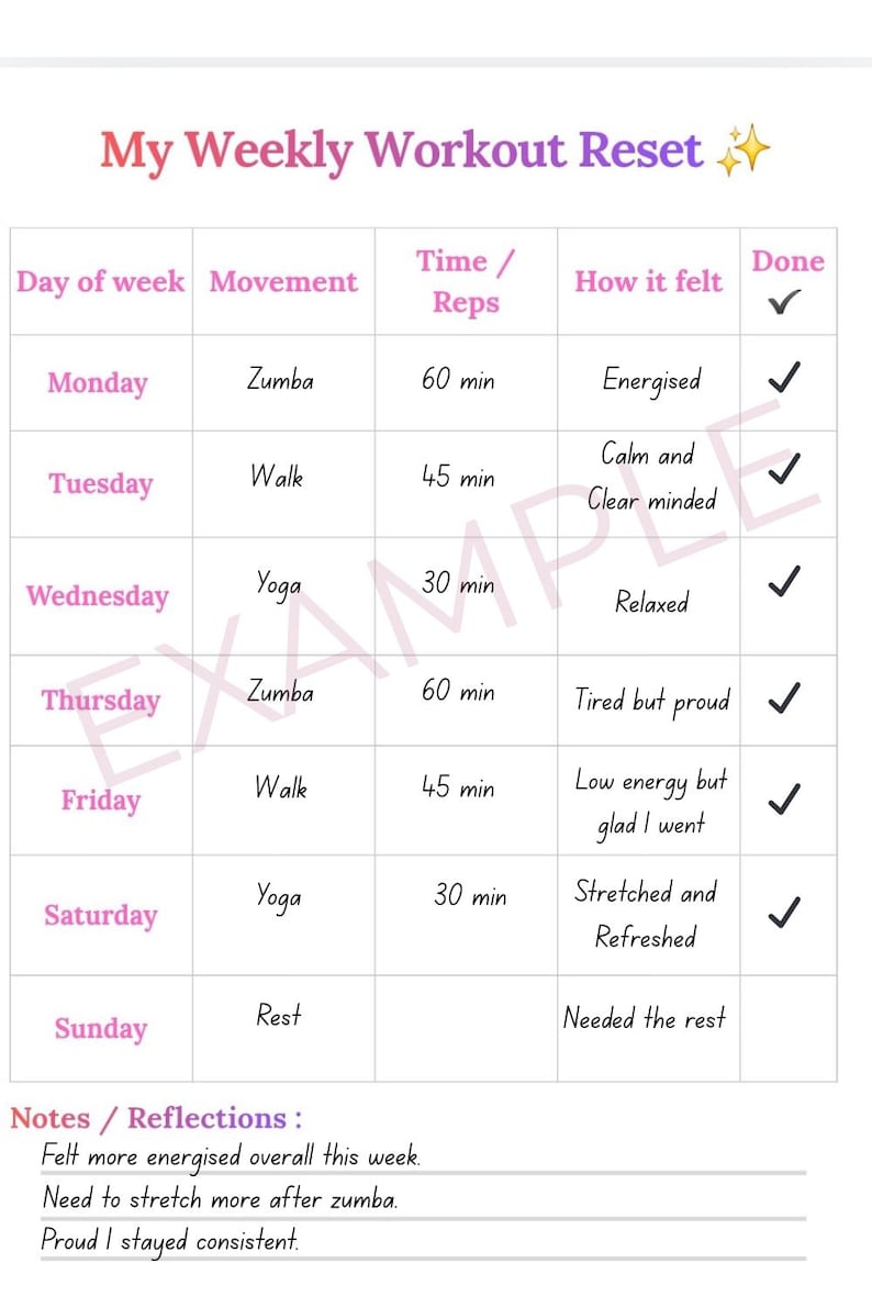 Exercise Weekly Timer Weekly Workout Tracker Printable - Etsy