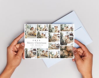 May include: A Christmas card with a collage of family photos. The card is white with a gray border and the text "2021 Merry Christmas The Browns Our Year in Review".