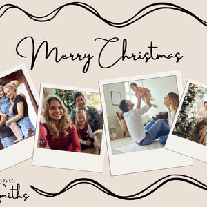 May include: A Christmas card featuring a festive message and a collage of family photos. The photos show a family of four, including a young child, celebrating Christmas together. The card is decorated with a black ribbon and bow.