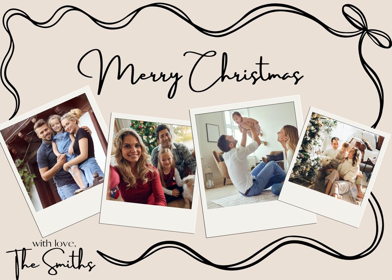May include: A Christmas card featuring a festive message and a collage of family photos. The photos show a family of four, including a young child, celebrating Christmas together. The card is decorated with a black ribbon and bow.