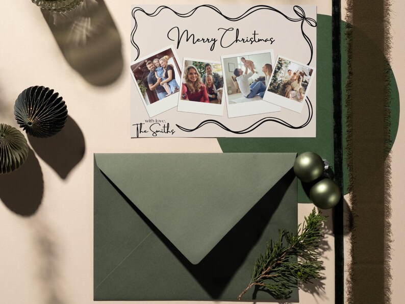 May include: A Christmas card with a green envelope. The card has a white background with a black border and a handwritten message that says "Merry Christmas". There are four photos on the card, each with a white border. The photos show a family celebrating Christmas. The card also has the text "With love, The Smiths".
