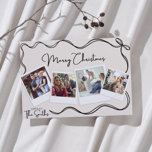 May include: A Christmas card with a white background and black text that says "Merry Christmas" and "with love, The Smiths". The card features four polaroid photos of a family.