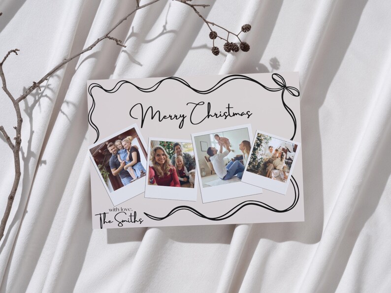 May include: A Christmas card with a white background and black text that says "Merry Christmas" and "with love, The Smiths". The card features four polaroid photos of a family.