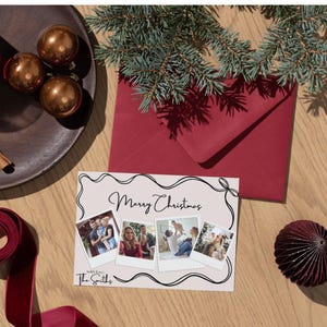 May include: A Christmas card with a pink background and a black border. The card has four photos of a family with the text "Merry Christmas" and "With love, The Smiths".