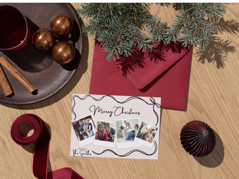 May include: A Christmas card with a pink background and a black border. The card has four photos of a family with the text "Merry Christmas" and "With love, The Smiths".