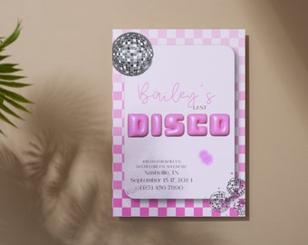 May include: A pink and white checkered background with a white rectangle in the center. The rectangle has the text "Bailey's Last Disco" in pink letters. The text is in a bubble font. There are silver disco balls on the left and right sides of the rectangle.