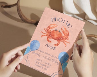Crab 1st Birthday Invitation Template: Editable Printable (Digital Download)