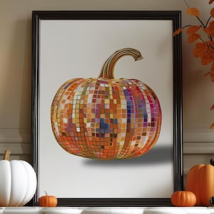 Disco Pumpkin Art Print | Halloween Wall Art Poster | Glam Disco Ball Orange Pumpkin | Trendy | Maximalist | Fall Kitchen Decor | Digital
