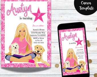 Puppy Love Birthday Party Invitation Template | Girls Doll Birthday | Birthday Party Digital Invitation Template Instant Download E Invite