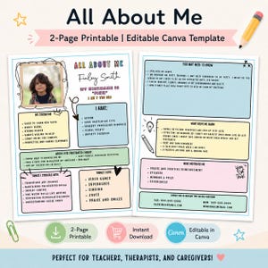 May include: A two-page All About Me printable template in an editable Canva format. The document features sections for personal details, strengths, challenges, and preferences, with colorful boxes, a photo placeholder, and text fields for contact information.