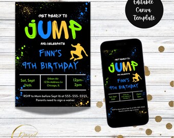 Trampoline Birthday Invitation: Jump Party, Editable Template (Digital Download 5x7 & Phone Size)