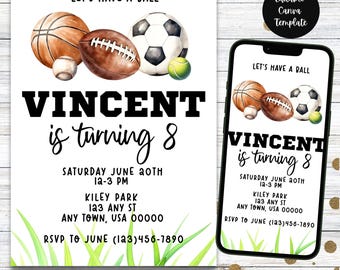 Sports Birthday Invitation, Editable Template (Digital Download)