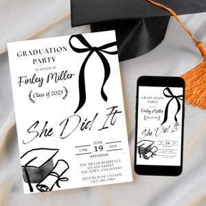 Editable Black Bow Graduation Party Invitation Template | Minimalist Graduation Invitation, Grad Party Invite| Graduation Announcement Card