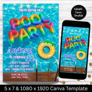 Editable Pool Party Birthday Invitation Template Rainbow Pool Party Birthday Party Invite Kid Birthday Invite Digital Download Girl Birthday