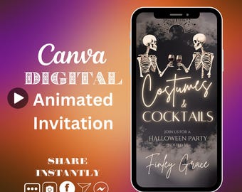 Animated Halloween Invitation, Costumes and Cocktails Video Invitation, Video Halloween Invite, DIY Editable Electronic Phone Text Invite