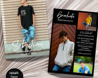 Photo Graduation Announcement Template, Photo Collage Grad Invitation, Boy Grad, Canva Template Grad Invite, Minimalist High School Grad