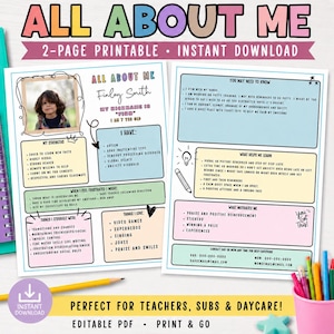 May include: A two-page printable All About Me document featuring sections for personal information, strengths, struggles, and needs. The layout includes pastel-colored boxes, a photo placeholder, and text fields for a child's profile, designed for educational or care settings.