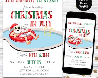 Uitnodiging Kerstmis in juli | Uitnodiging zomerfeest kerstman | Kerstfeest in juli poolparty| Bewerkbare en afdrukbare sjabloon