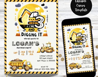 Construction I&#39;m Digging It Birthday Invitation - Editable ANY Age - Construction Party - Dump Truck - Crane - DIGITAL Printable Invite 5x7
