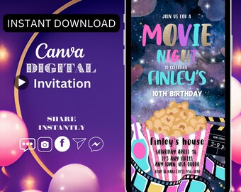 May include: A digital invitation for a movie night party to celebrate Finley's 10th birthday. The invitation features a galaxy background with stars, a popcorn bucket, a film reel, and a pink and blue soda. The text reads "Join us for a Movie Night to celebrate Finley's 10th Birthday".