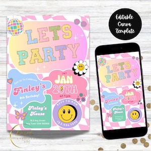 Invitación de cumpleaños con diseño de letras preppy retro editable digitalmente / Invitación de cumpleaños con parche universitario / Invitación editable con cara sonriente para "Let's Party"