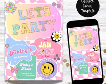 Editable Preppy Retro Letter Invitation | Varsity Patch Birthday Invitation | Let’s Party Smiley Face Editable Invite Download