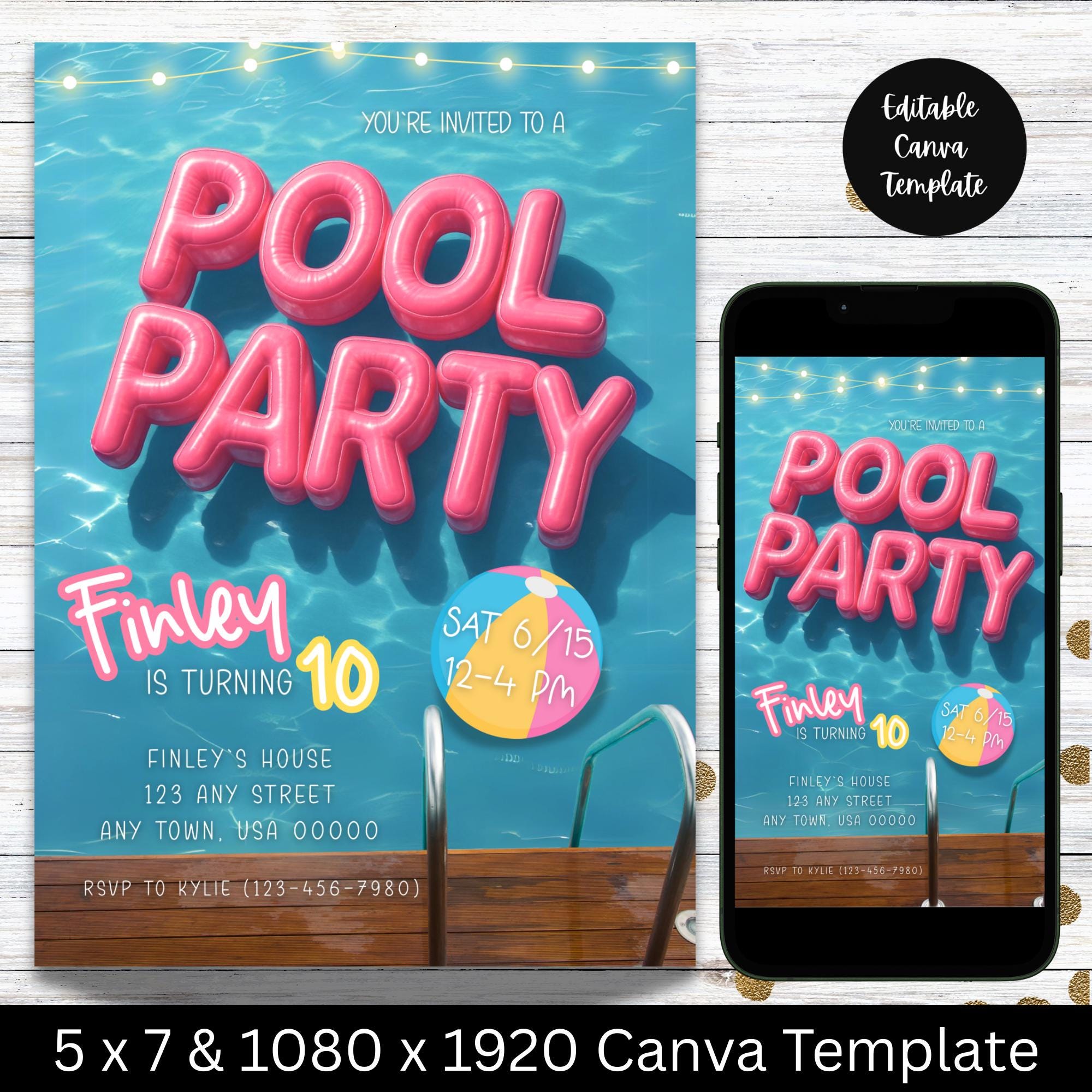 Editable Girls Pool Party Birthday Invitation Template Pool Party Birthday Party Invite Girls Teenage Birthday Invite Digital Download