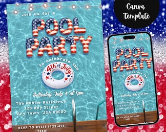 May include: A digital invitation template for a 4th of July pool party featuring text in red, white, and blue balloon-style letters over a swimming pool background with a white inner tube and wooden deck edge, including editable event details.