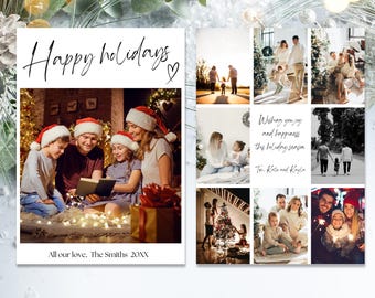 May include: A Christmas card with a collage of family photos. The card features a family of four in Santa hats reading a book, a couple walking in the snow, a family standing in front of a Christmas tree, and a family holding sparklers. The card reads "Happy Holidays" and "Wishing you joy and happiness this holiday season." The card is signed "Tom, Rita and Kayla".