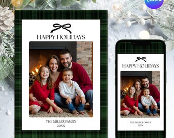 Dark Green Plaid Christmas Photo Card | Printable Canva Template