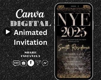 Elegant NYE 2025 Invitation, Black Gold Glitter, Neon Fonts (Digital Download)