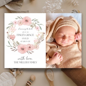 Floral Birth Announcement Template | Photo Birth Announcement Card | Boho Newborn Birth Announcement | Floral Boho | Instant Download