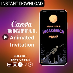 May include: A digital animated Halloween party invitation displayed on a smartphone screen. The invitation has a purple and orange gradient background with a black screen showing a skeleton, a moon, and a graveyard. The text on the screen reads "Join us for a Halloween Party".