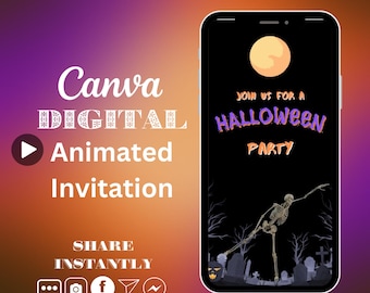Animated Halloween Invitation, Dancing Skeleton Party Video Invitation, Halloween Invite, DIY Editable Electronic Phone Text Invite
