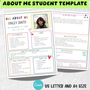 May include: A student template titled "About Me" with the name Finley Smith and a photo. The template includes sections on strengths, challenges, and things the student loves, with text in various colours and a Canva logo.