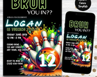 Bowling Birthday Invitation Template | Editable Kids Party Invite (Canva)