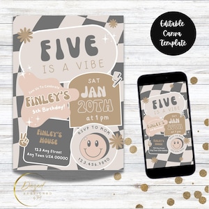 Five is a Vibe Birthday Invite Kid Birthday Invitation Smiley Face Retro Birthday Editable Digital Template INSTANT DOWNLOAD TEMPLATE