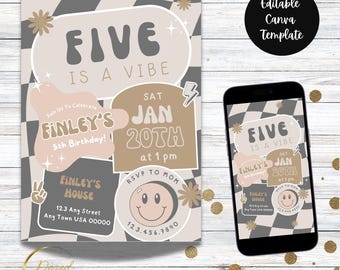 Five is a Vibe Birthday Invitation, Printable Birthday Invite,  Retro Smiley Face (Digital Template)