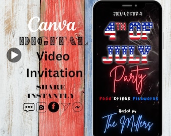 4th of July Party Digital Invitation, Canva 4th of July Video Invitation, Independence Day Editable Mobile Invite, Animated Patriotic Evite