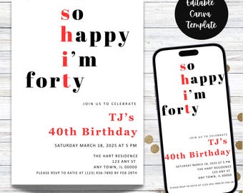 40th Birthday Invitation Template, So Happy Im Forty, 40th Birthday Invite, Funny 40th Invitation, Editable Birthday Invite