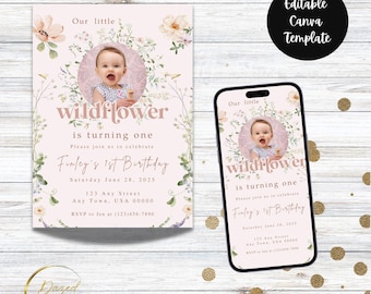 Wildflower First Birthday Photo Invitation, Boho Floral (Digital Download)