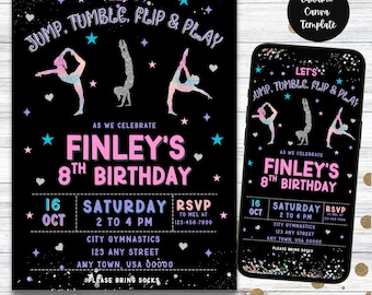 May include: Black invitation template with the text "Let's Jump, Tumble, Flip & Play" and "Finley's 8th Birthday." Features gymnastic figures in pink and blue, stars, and hearts. Includes event details and RSVP information.