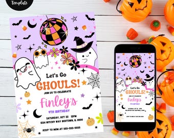 Editable Let's Go Ghouls Halloween Birthday Party Invitation, Girly Halloween Birthday Party Invitation, Girls Night Halloween, Canva Invite