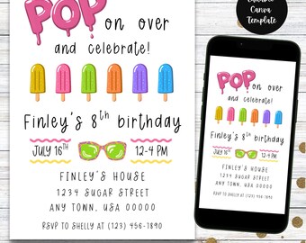 Puede incluir: Una invitación de cumpleaños con las palabras "POP on over and celebrate!" en letras rosas goteando. La invitación incluye ilustraciones de paletas de colores y detalles para el cumpleaños número 8 de Finley, incluyendo fecha, hora y lugar.