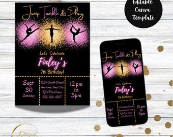 Gymnastics Birthday Party Invitation Template | Jump Tumble Play | Birthday Party Digital Invitation Template Instant Download E Invite
