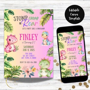 Editable Girl Dinosaur Birthday Party Invitation Template, Dinosaur Birthday Invitation, Dinosaur Party| T Rex Invitation Pink