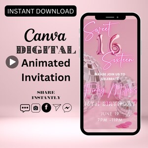 Editable Sweet 16 Sixteen Birthday Invitation, Animated 16th Birthday Party Invite, Pink Balloon Evite, Party Birthday Party Video Invite