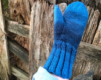 Hand Knit Mittens: Seamless Light Blue Heather Warm Winter Mittens Women’s Large Size